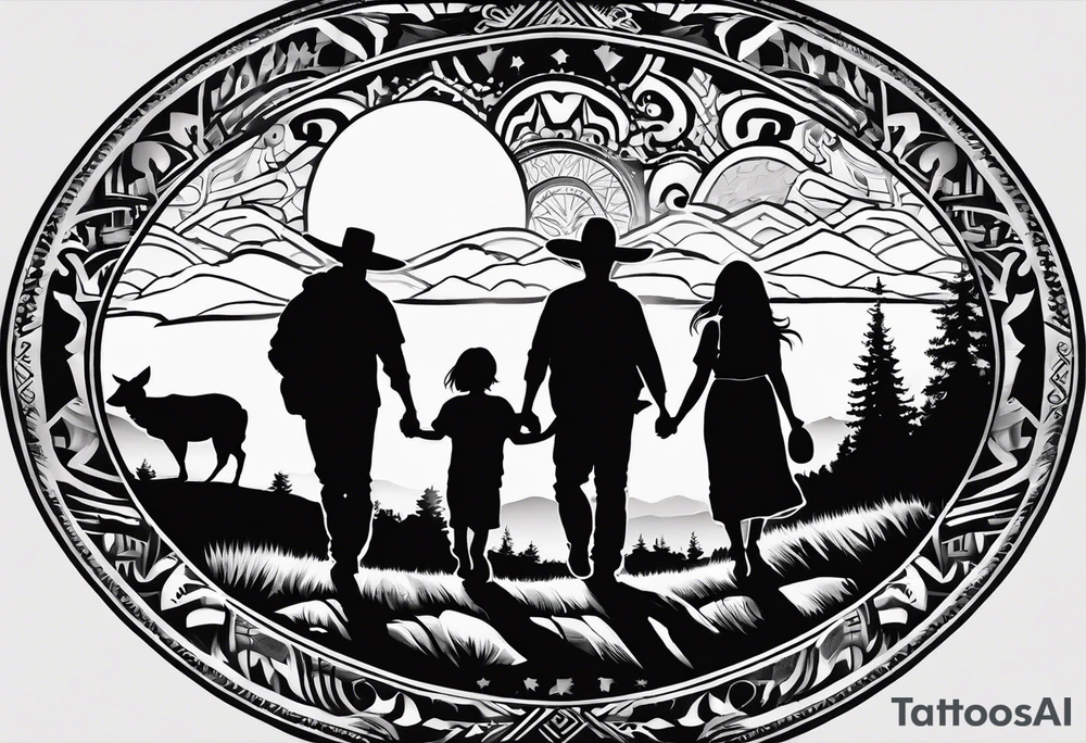 A shadow of a family of four walking through the Pacific northwest landscape. Father, Wife, Son, daughter.
 Faith centered and add Mexican tribal  border with importance of faith.
Add crosses and God around the boarder tattoo idea