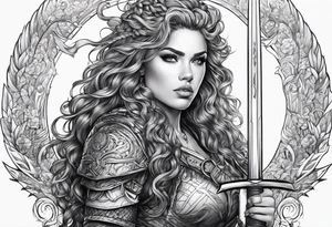 valkyrie curly hair half with sword sleeve arm tattoo idea