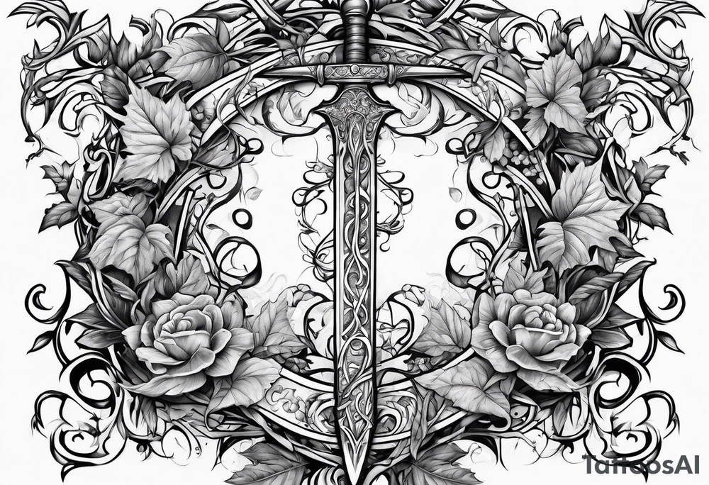 Leafy vines with sword tattoo idea