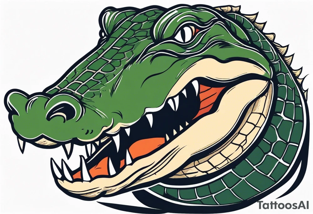 Alligator head with woman’s legs sticking out of its mouth tattoo idea