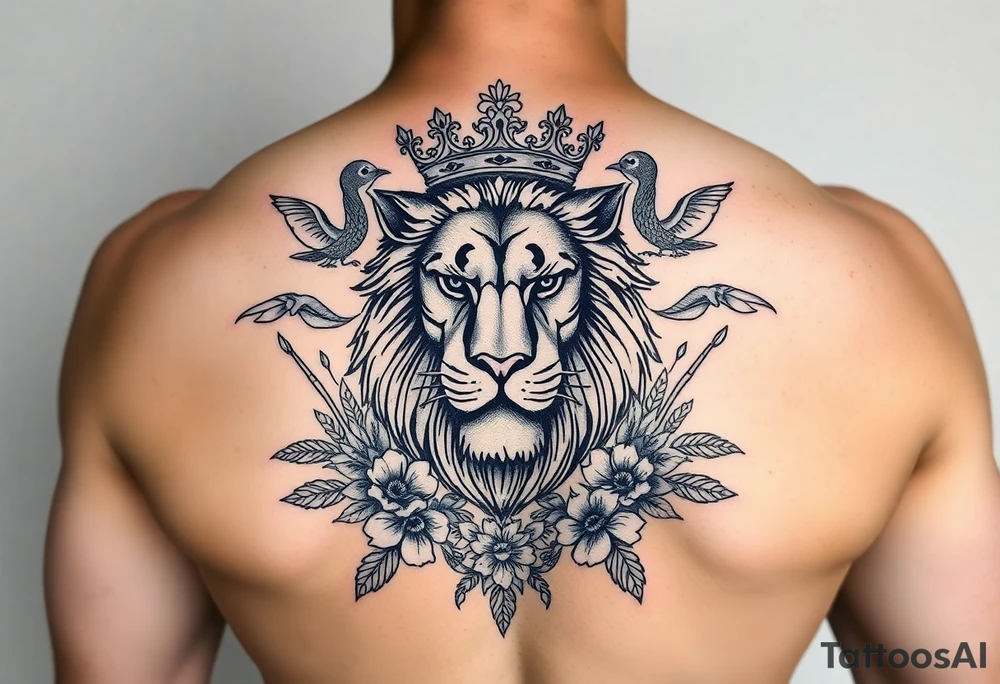 powerful majestic lion with a crown, surrounded by floral ornaments and birds tattoo idea