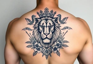 powerful majestic lion with a crown, surrounded by floral ornaments and birds tattoo idea