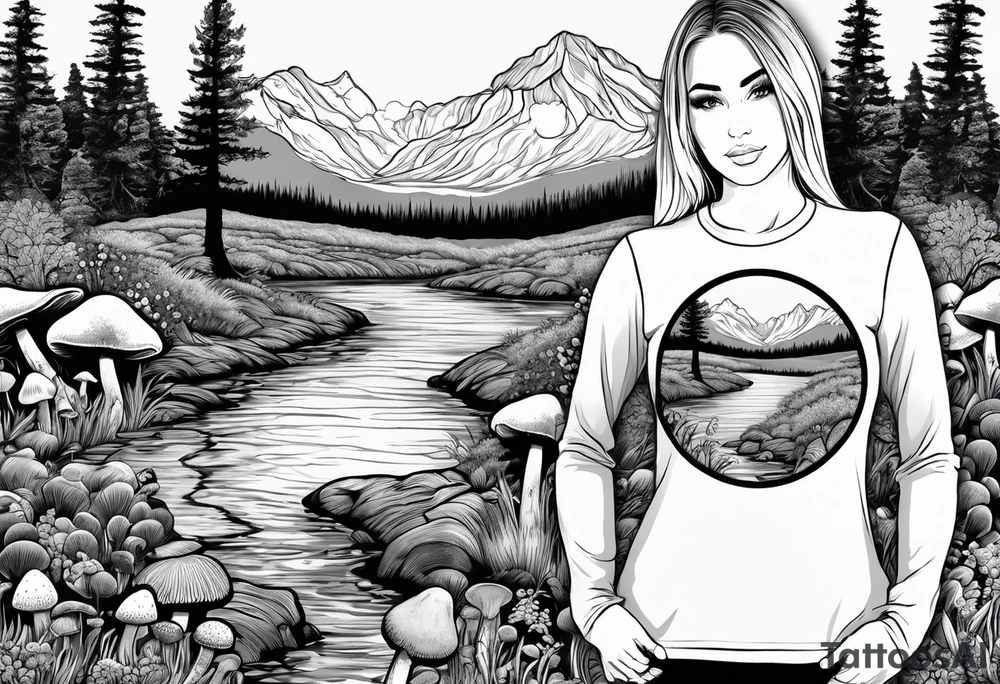 Whole picture encircled fully

Straight long blonde hair hippie girl in distance holding mushrooms in hand facing away toward mountains and creek surrounded by mushrooms long sleeve shirt and hiking pants; whole rendering within a full circle, no cut off circle tattoo idea