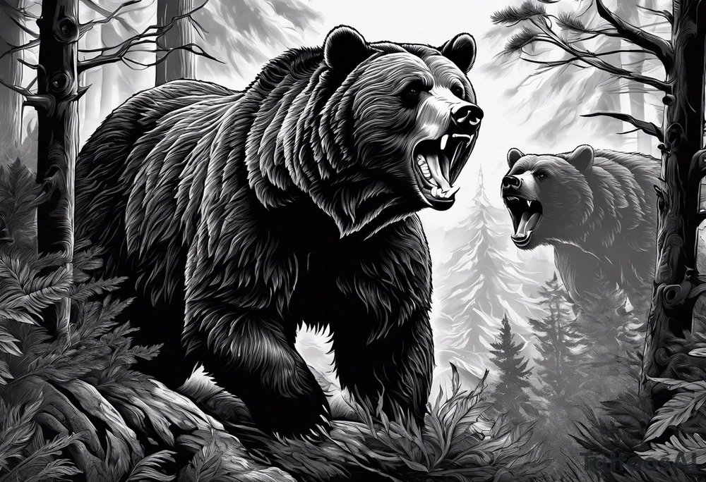 Bear growling. They are in a cloudy forest. With fierce warriors in the background. Make the picture very detailed and smoke in the back creating a trail effect tattoo idea