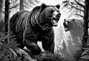 Bear growling. They are in a cloudy forest. With fierce warriors in the background. Make the picture very detailed and smoke in the back creating a trail effect tattoo idea