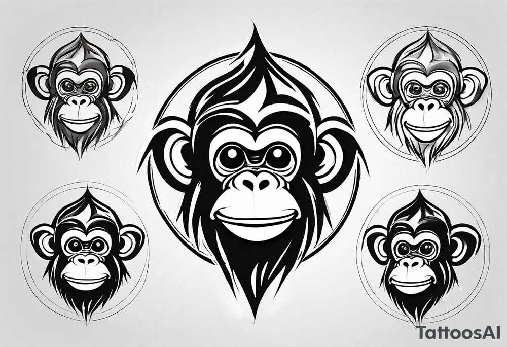 Create an abstract happy monkey body shape on a small disconnected circle where the monkey is just a shape. Do not give the monkey a face. tattoo idea
