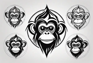 Create an abstract happy monkey body shape on a small disconnected circle where the monkey is just a shape. Do not give the monkey a face. tattoo idea