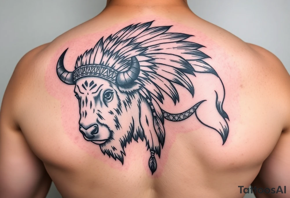 powerful majestic white buffalo with an native American headdress tattoo idea