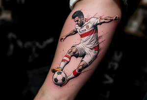 A tattoo of a soccer player mid-kick, wearing Slavia Praha’s white and red jersey, striking a ball with the club crest on it. tattoo idea