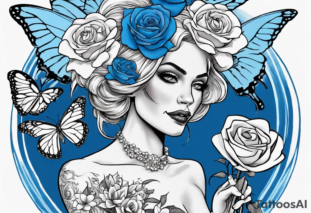 character Emily from the film corps bride. she is wearing a wedding dress. the vail on her head. she is holding a bouquet of blue roses in the middle of the bouquet  there is one white daisy. there is a Blue Morpho butterfly flying around her. A full moon on the background. tattoo idea