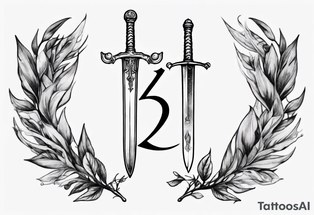 The number 13 in the middle of a laurel leaf wreath, a sword is under the number. tattoo idea