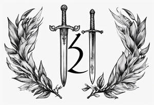 The number 13 in the middle of a laurel leaf wreath, a sword is under the number. tattoo idea