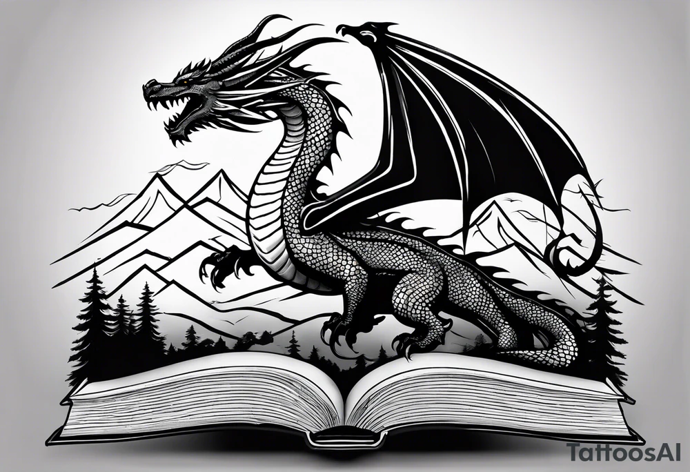A large open book. a dragon with scales and four legs flying high in the sky. three mountains tattoo idea