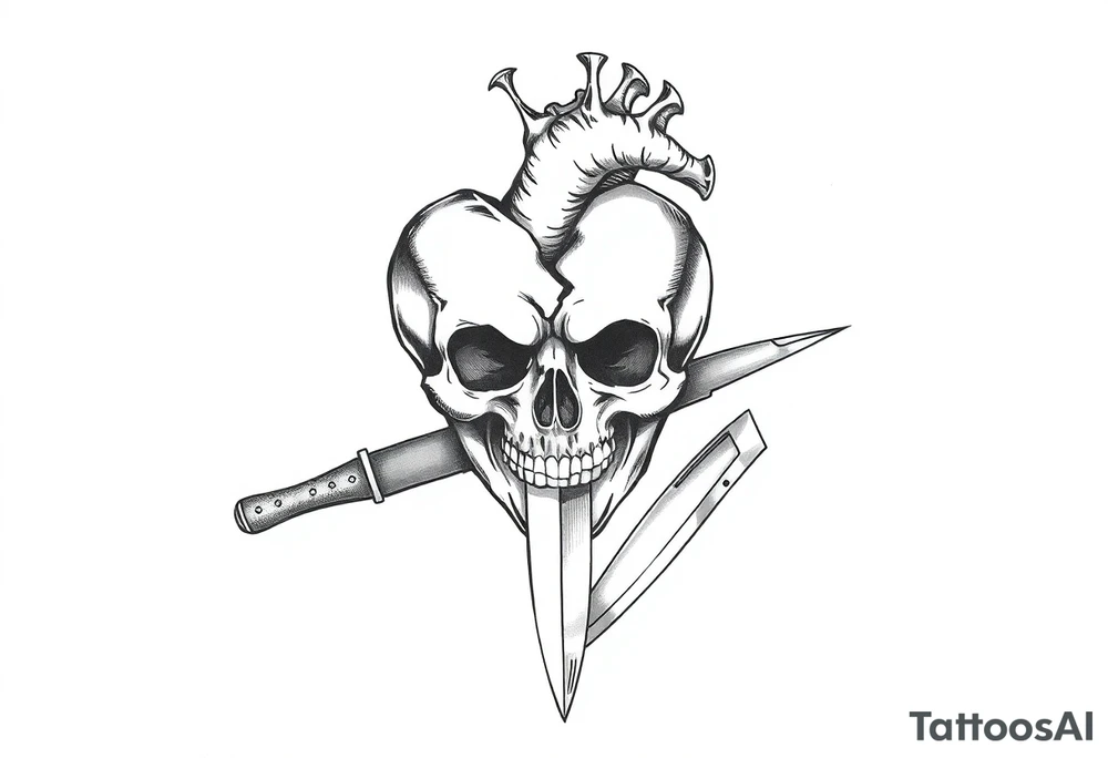 A broken heart with a shadow skull and a knife showing no remorse with all my pains in my life tattoo idea