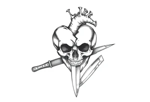A broken heart with a shadow skull and a knife showing no remorse with all my pains in my life tattoo idea