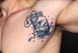 A large humanized aquarius carrying a jar on the shoulder, from the jar flows out of water to create a marine environment tattoo idea