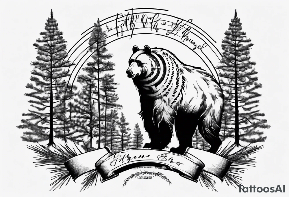 Standing bear fine line with armband.  Pine trees with script.  Add a eye with dot work lines coming out from the eye. tattoo idea