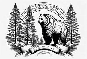 Standing bear fine line with armband.  Pine trees with script.  Add a eye with dot work lines coming out from the eye. tattoo idea