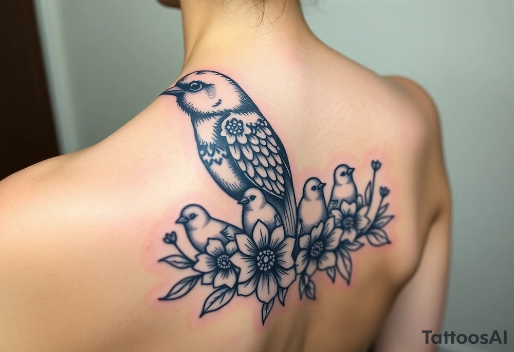 Mom bird and three baby birds with flowers tattoo idea