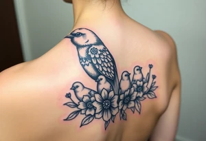 Mom bird and three baby birds with flowers tattoo idea