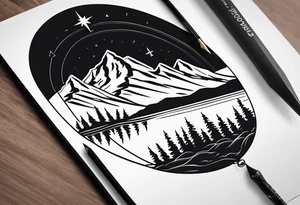 rocky mountains, compass, lake, reflection tattoo idea