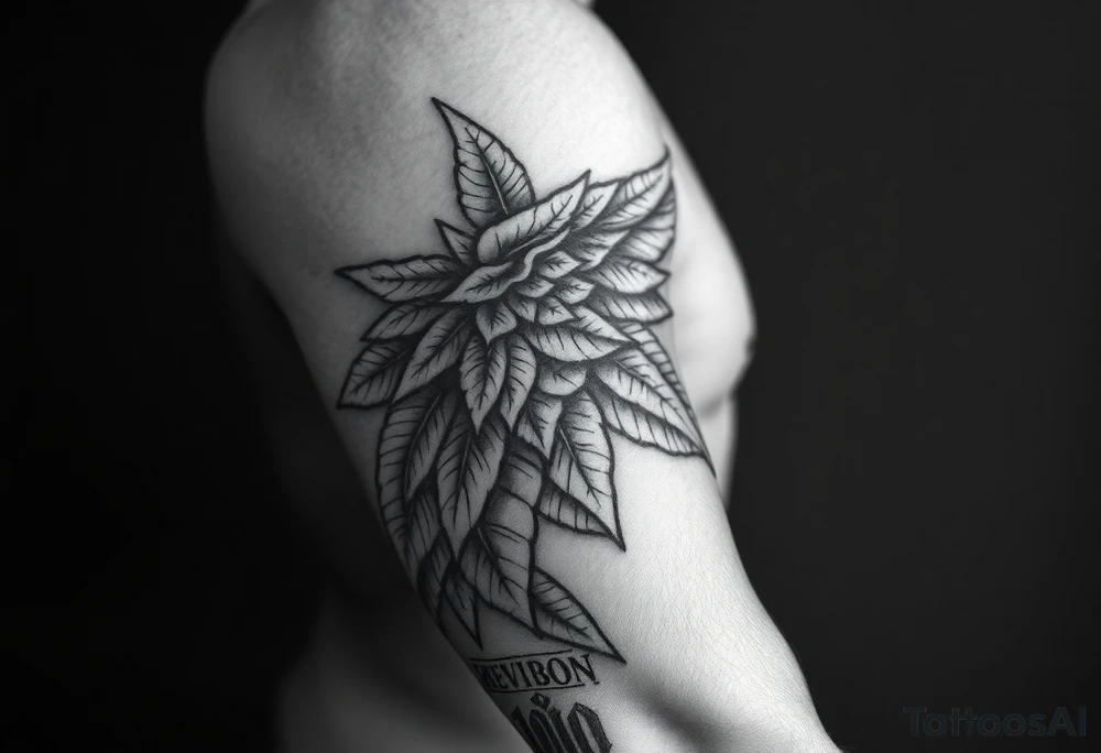 Forearm sleeve tattoo including details of a few jungle leafs,Bold and powerful Puerto Rican tribal theme, wing with 100 dollar patterns in it tattoo idea