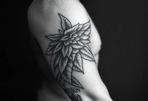 Forearm sleeve tattoo including details of a few jungle leafs,Bold and powerful Puerto Rican tribal theme, wing with 100 dollar patterns in it tattoo idea