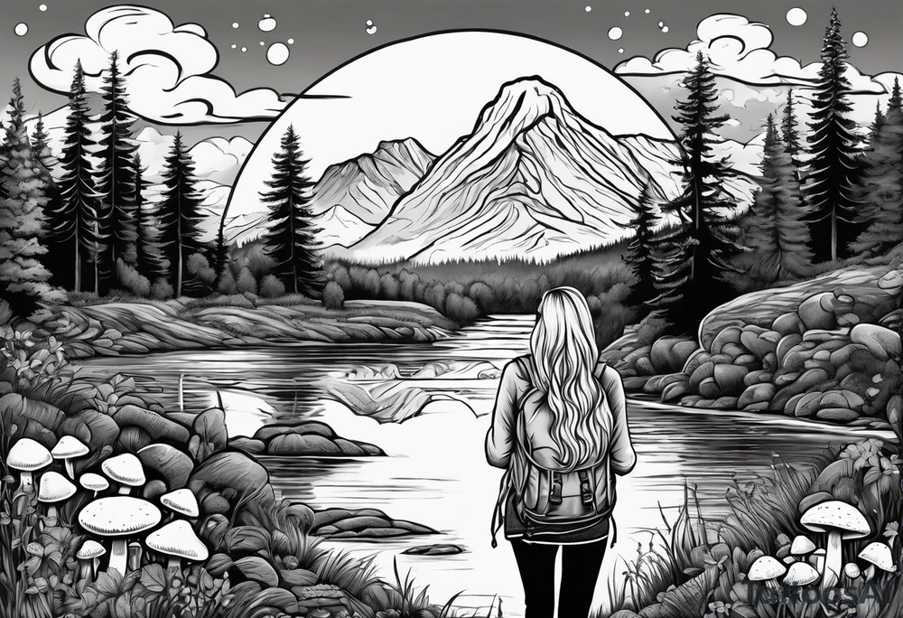 Whole picture encircled fully

Straight long blonde hair hippie girl in distance holding mushrooms in hand facing away toward mountains and creek surrounded by mushrooms long sleeve shirt and hiking pants; whole rendering within a full circle, no cut off circle tattoo idea