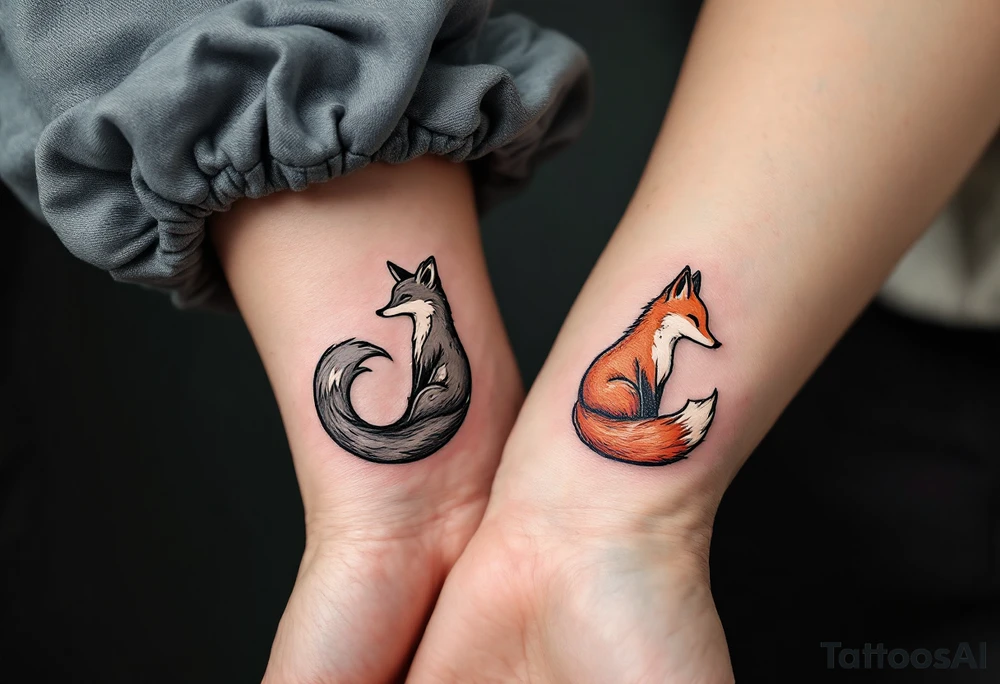 A black and white yin-yang formed by curled foxes on each partners wrist tattoo idea