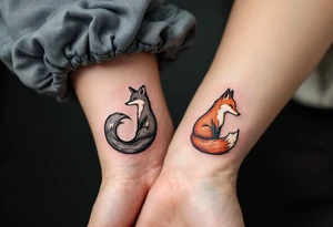 A black and white yin-yang formed by curled foxes on each partners wrist tattoo idea