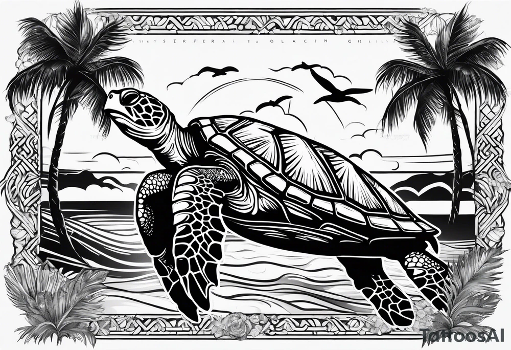 Sea turtle Beach tropical palm trees tattoo idea