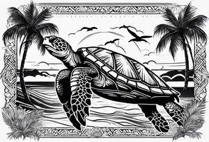 Sea turtle Beach tropical palm trees tattoo idea