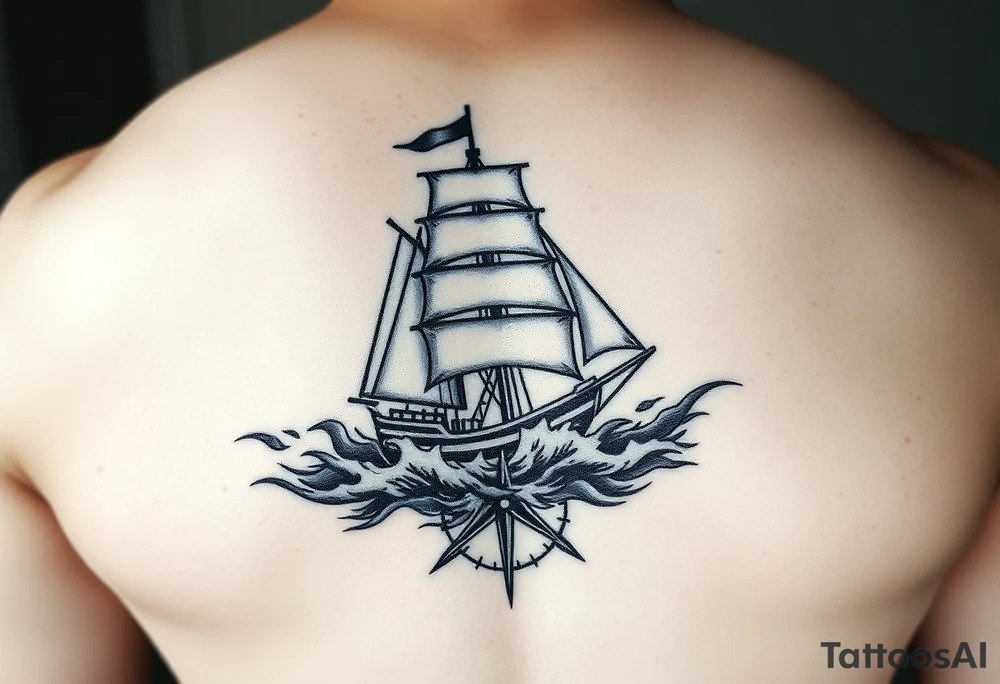 a sailing ship in stormy sea,compass. tattoo idea