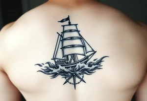 a sailing ship in stormy sea,compass. tattoo idea