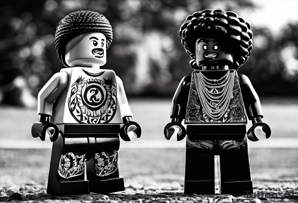 2 Lego figures in one scenery, one of them will be a Rastaman who is looking at the other one dribbling a basketball tattoo idea
