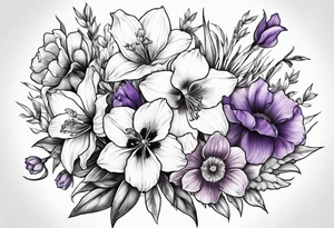 Single flower bouquet with Violet, Daffodil, Gladiolus, Poppy, Cosmos tattoo idea