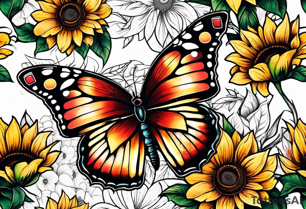 Half butterfly half sunflower tattoo idea