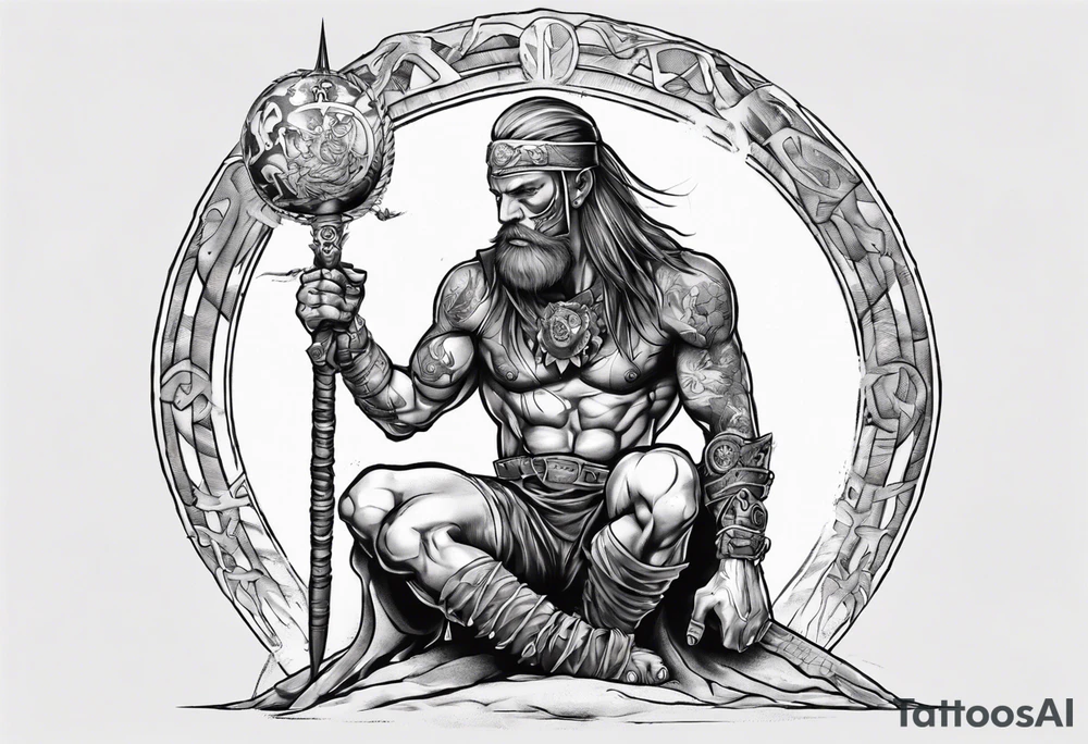 Peaceful and savage warrior kneeling with the whole world on his shoulders. tattoo idea