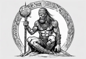 Peaceful and savage warrior kneeling with the whole world on his shoulders. tattoo idea