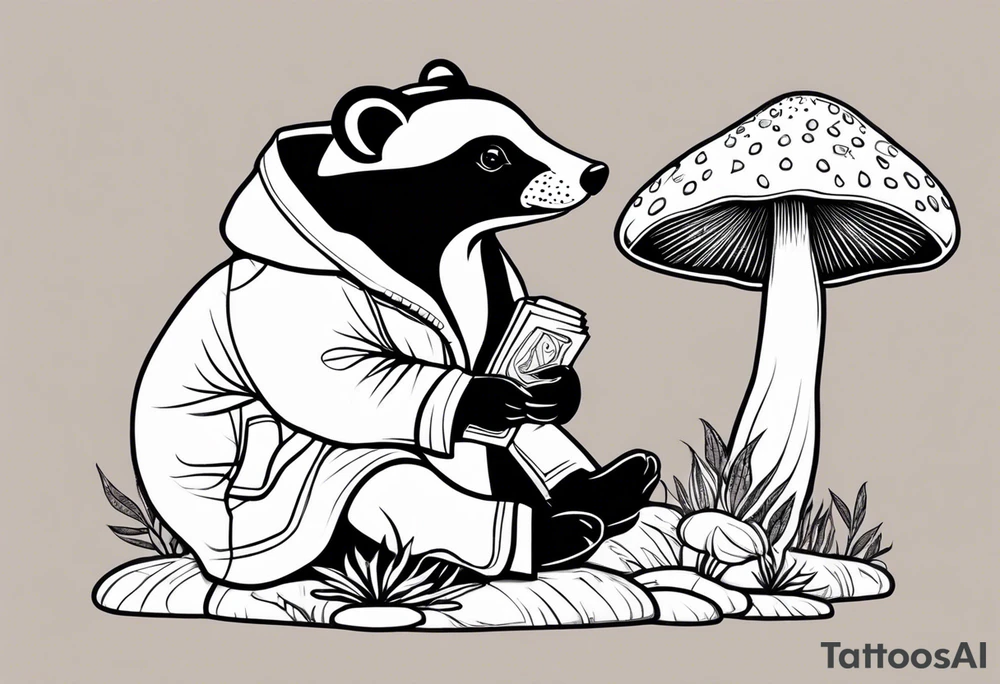 Badger in a coat sitting on a mushroom tattoo idea