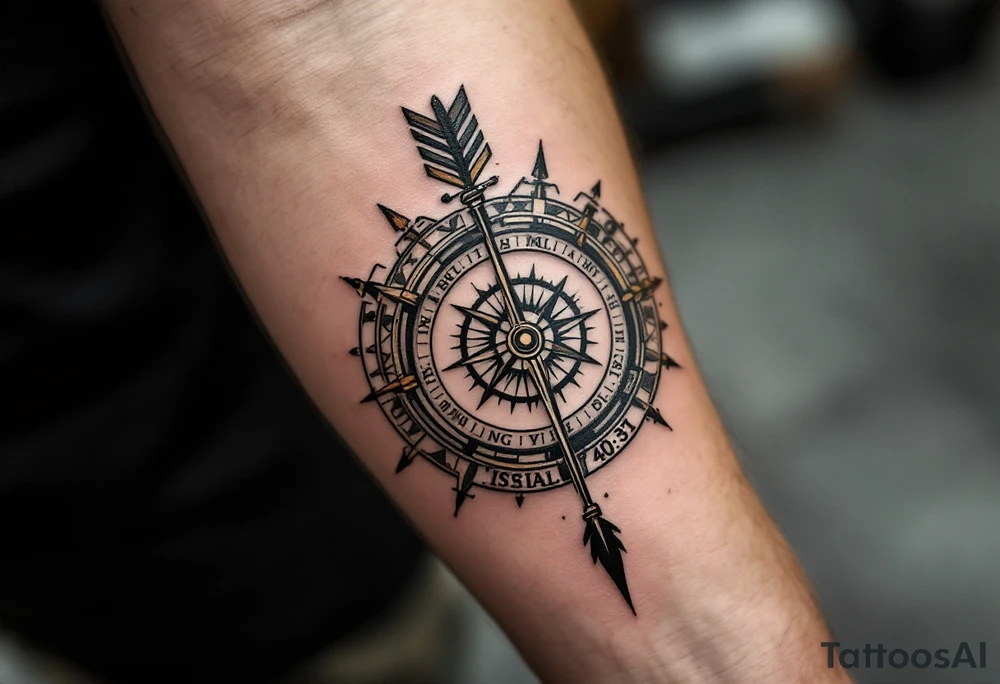 steampunk half compass half clock with a long native American arrow pointing at my wrist and saying "Isaiah 40:31" tattoo idea