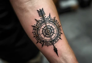 steampunk half compass half clock with a long native American arrow pointing at my wrist and saying "Isaiah 40:31" tattoo idea