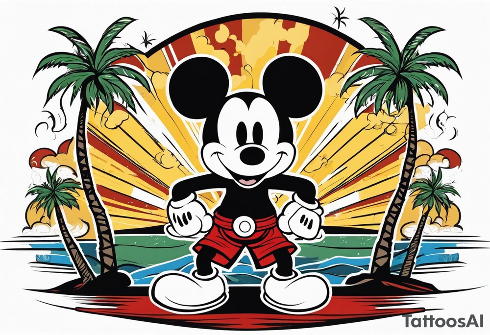 mickey mouse doing martial arts with palm trees, lightning storm and the celtic symbol for family tattoo idea