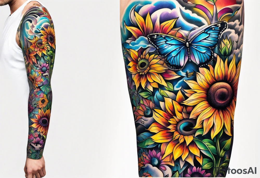 arm sleeve with winged cross, rainbow sunflowers and butterflies tattoo idea