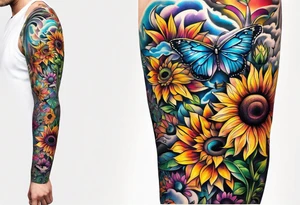 arm sleeve with winged cross, rainbow sunflowers and butterflies tattoo idea