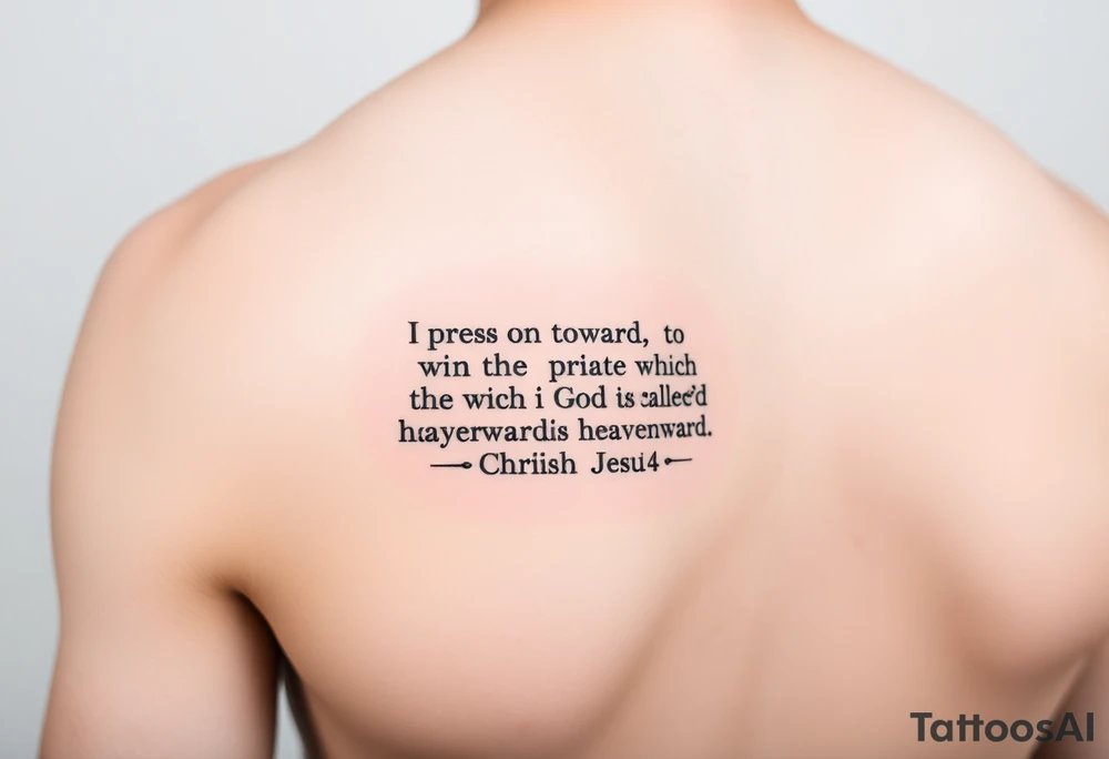 Minimalist tattoo on inner bicep. Mostly text of Philippians 3:14: I press on toward the goal to win the prize for which God has called me heavenward in Christ Jesus. Some design element tattoo idea