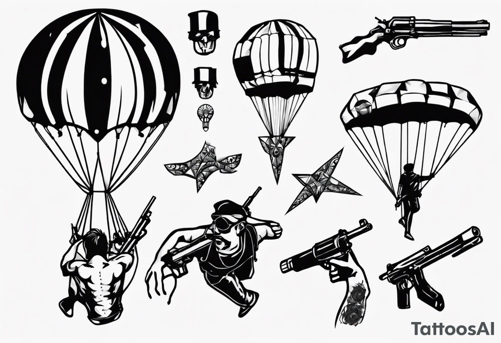 man parachute and shooting guns tattoo idea