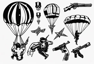 man parachute and shooting guns tattoo idea