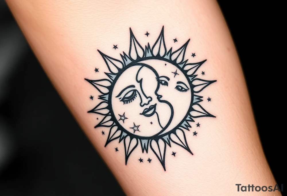 sun and moon embrace with constellation patterns tattoo idea