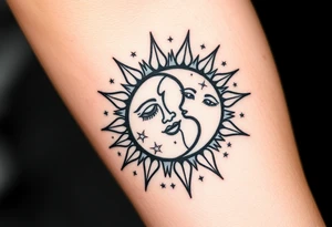sun and moon embrace with constellation patterns tattoo idea